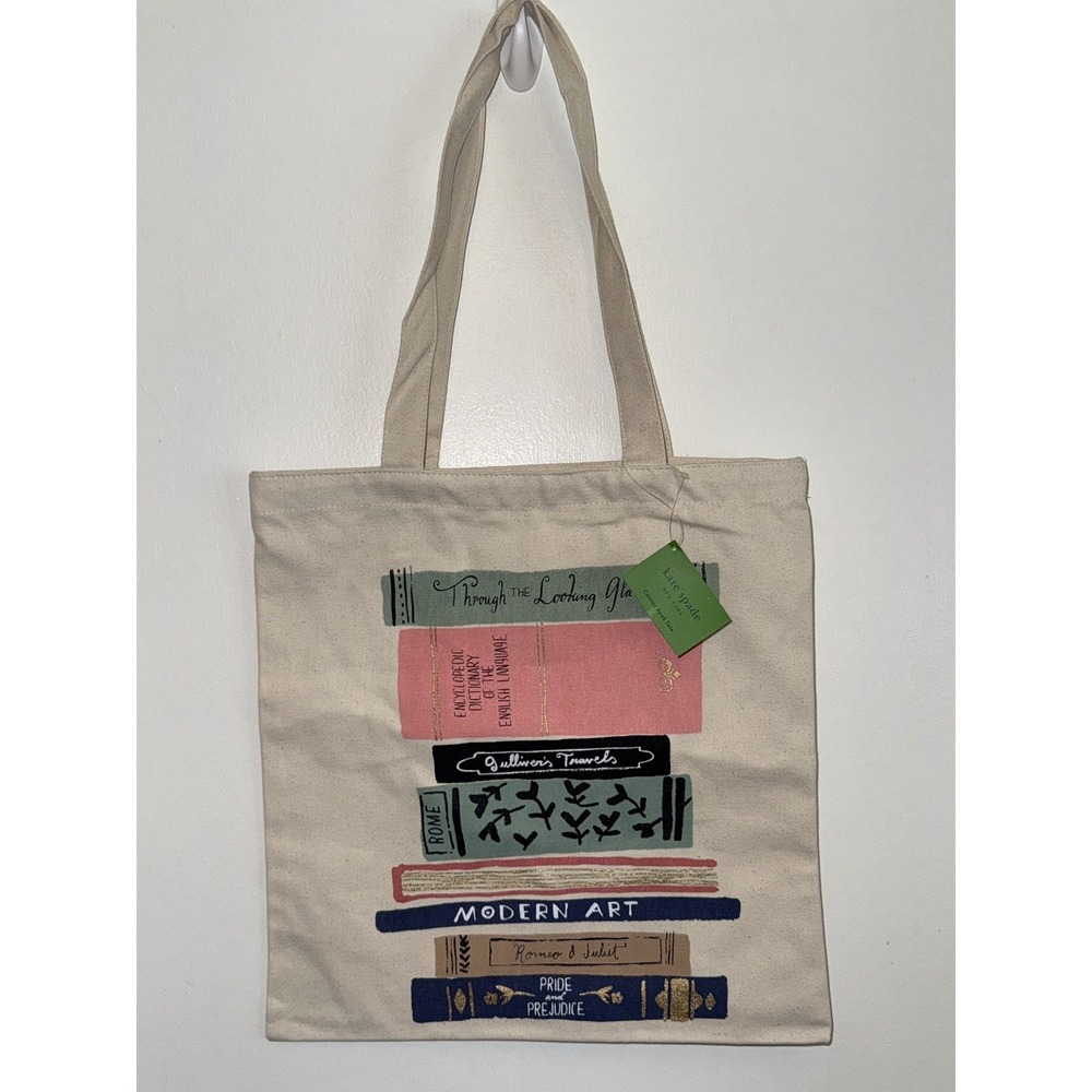 NWT Kate Spade New York Canvas Tote Bag Interior Pocket Stacked Books